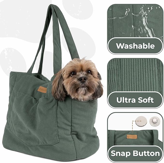 Corduroy Dog Carrier - Lightweight Cotton Soft-Sided Pet Tote with Safety Harness Clip - Breathable Travel Carrier for Small Dogs and Puppies (Green)
