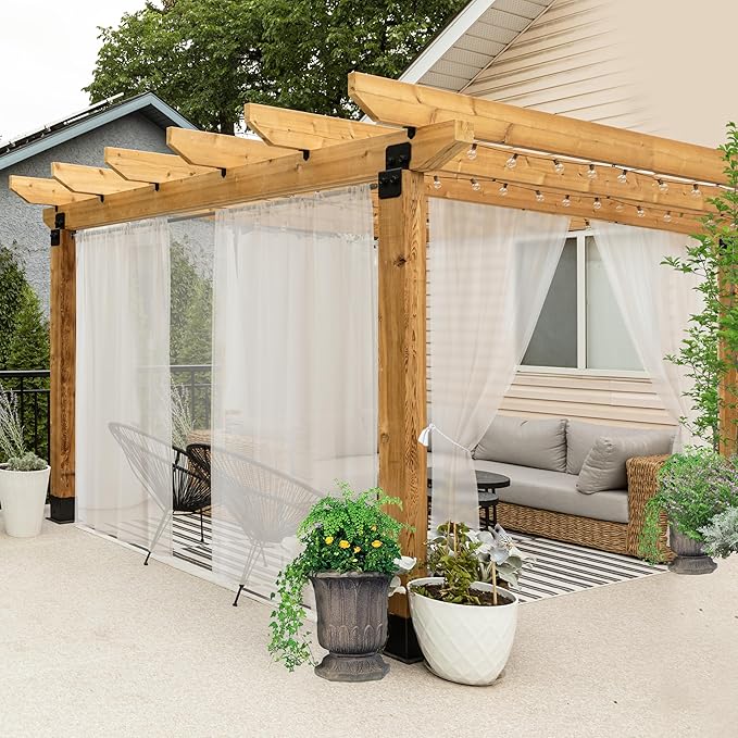 HolidayIdeas All Weather Outdoor Sheer Patio Curtains 6 Pcs Rod Pocket Voile Sheer Outdoor Curtains for Porch, Balcony, Gazebo, Pergolas,Cabana,Beige,54x108 Inch