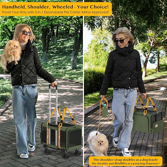 PAWZIDEA Expandable Pet Carrier with Wheels, 18X11X11 TSA Airline Approved Cat Carrier w/ID Card for 2 Cats, Small Dog Carrier Car Seat Travel Bag, Max Weight Recommendation 18 lbs,Green