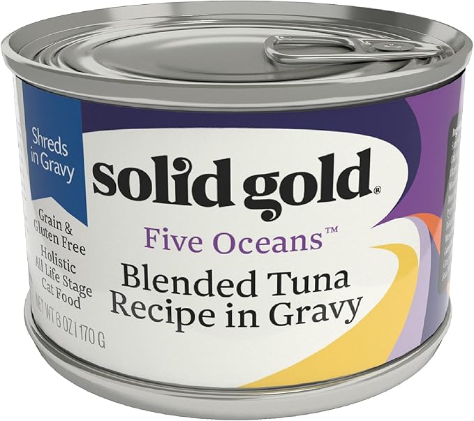 Solid Gold Wet Cat Food Shreds in Gravy - Canned Cat Food Made w/Real Tuna - Five Oceans Grain Free - 16ct/3oz Can
