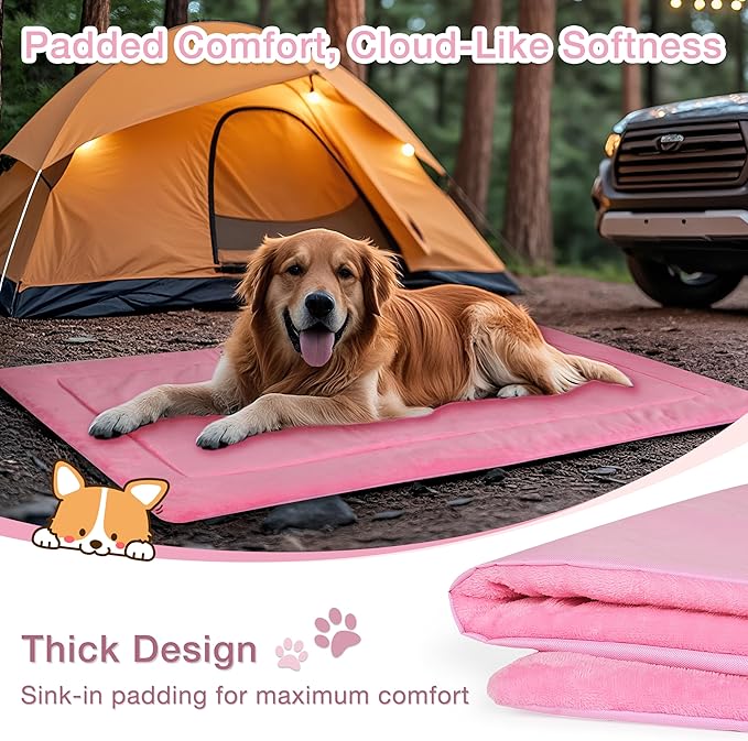 Kritter Planet Waterproof Foldable Dog Bed Pad for Camping & Travel, Portable Roll-Up Dog Bed Car Seat Pet Cushion Mat with Handles for Small & Medium Dogs, Indoor & Outdoor Use, Pink
