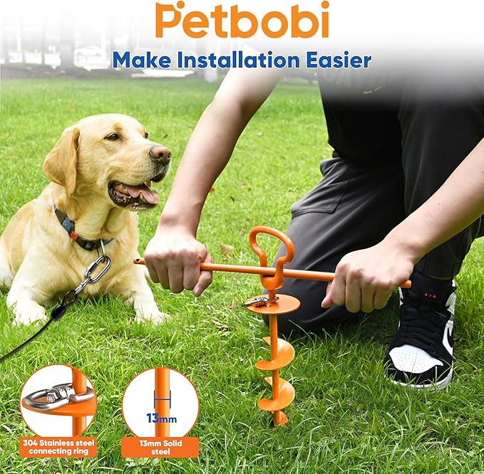 Petbobi Heavy Duty Dog Tie Out Cable and Stake - 30FT Steel Wire Dog Leads for Large Dogs Up to 300lbs, Anti Rust Spiral Stake with Strong Leash & 360° Swivel Hooks - Ideal for Yard, Outdoor & Camping