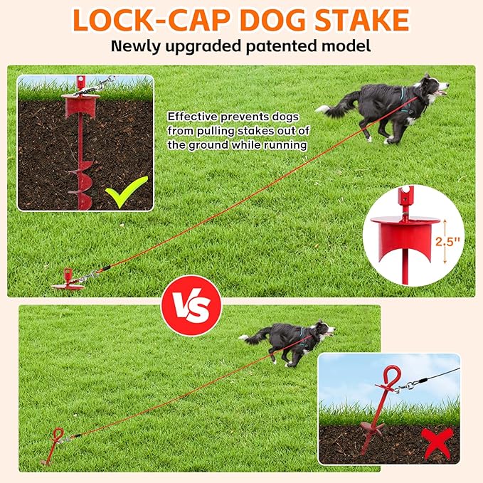 Snagle Paw Dog Tie Out Stake with Lock-Cap Prevents Pulling Out - Heavy Duty 360°Swivel Dog Stake for Outside,Yard, Beach & Camping - Rust Proof Ground Anchor for Dog Cable,Leash,Tether,up to 220 lbs