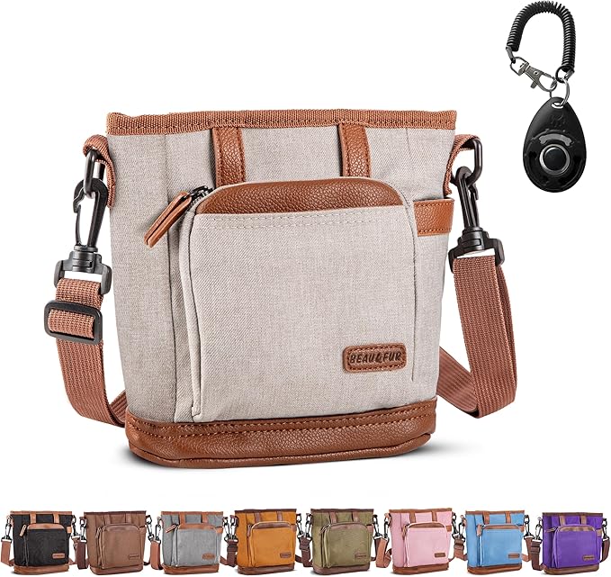 BEAU&FUR Large Dog Treat Pouch with Clicker for Training – 4 Cup Capacity, Built-in Poop Bag Dispenser, Expandable Pocket, Metal Buckle, Large Back Pocket, Ideal Design for Walks and Training – Cream