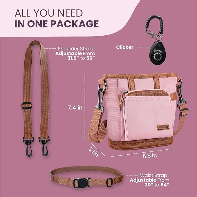 BEAU&FUR Large Dog Treat Pouch with Clicker for Training – 4 Cup Capacity, Built-in Poop Bag Dispenser, Expandable Pocket, Metal Buckle, Large Back Pocket, Ideal Design for Walks and Training – Pink