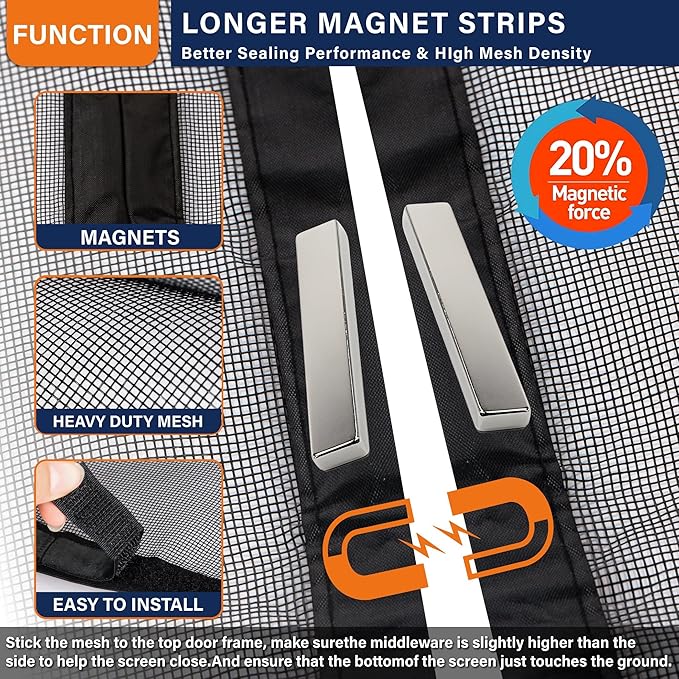 Magnetic Screen Door,Fiberglass Screen Door Mesh,Keep Bugs Out, Heavy-Duty Mesh Curtain,Pet and Kid Friendly, Works with Front Doors, Sliding Doors(32x80 Inch Fiberglass