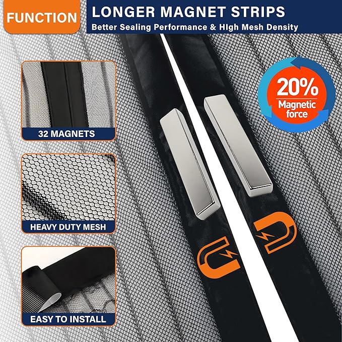 Magnetic Screen Door,Screen Door Mesh,Keep Bugs Out, Heavy-Duty Mesh Curtain,Pet and Kid Friendly, Works with Front Doors, Sliding Doors(32x80 Inch Black