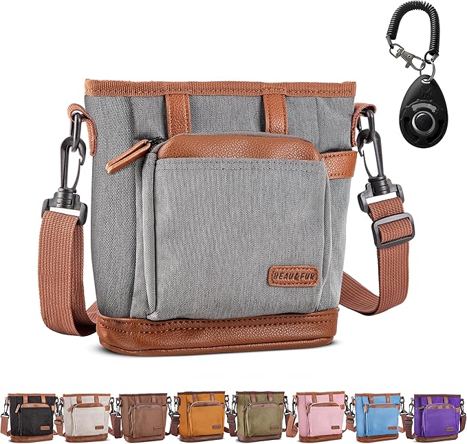 BEAU&FUR Large Dog Treat Pouch with Clicker for Training – 4 Cup Capacity, Built-in Poop Bag Dispenser, Expandable Pocket, Metal Buckle, Large Back Pocket, Ideal Design for Walks and Training – Grey
