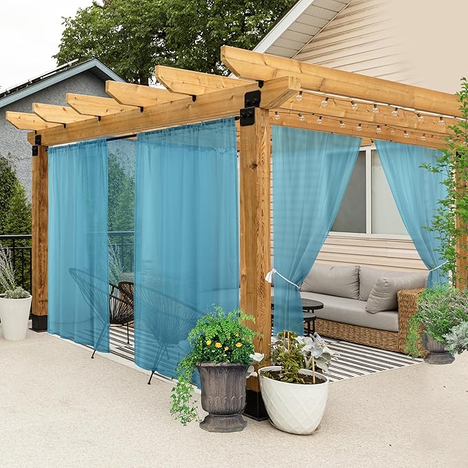 HolidayIdeas All Weather Outdoor Patio Curtains 6 Pcs Linen Look Rod Pocket Sheer Outdoor Curtains for Pool Side, Porch, Balcony, Pergolas,Cabana, Aqua,54x95 Inch