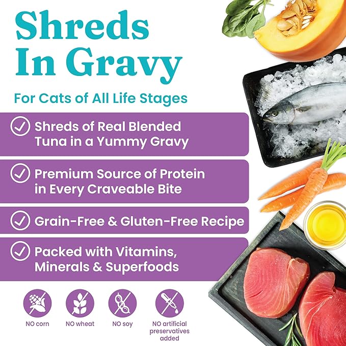 Solid Gold Wet Cat Food Shreds in Gravy - Canned Cat Food Made w/Real Tuna - Five Oceans Grain Free - 16ct/3oz Can