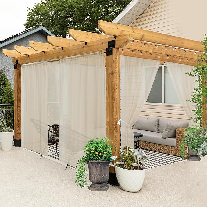 HolidayIdeas All Weather Outdoor Patio Sheer Curtains 6 Pcs Linen Look Rod Pocket Sheer Outdoor Curtains for Porch, Balcony, Gazebo, Pergolas, Cabana, Linen, 54x108 Inch