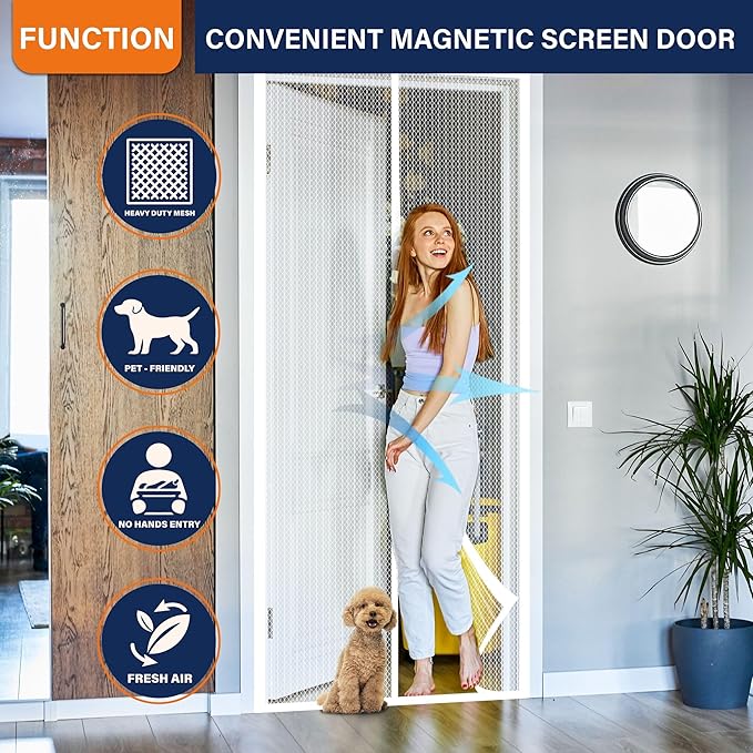 Magnetic Screen Door, Keep Bugs Out, Pet & Kid Friendly,Works with Front Doors, Sliding Doors,Fit Door Size 36 x 78 Inches White