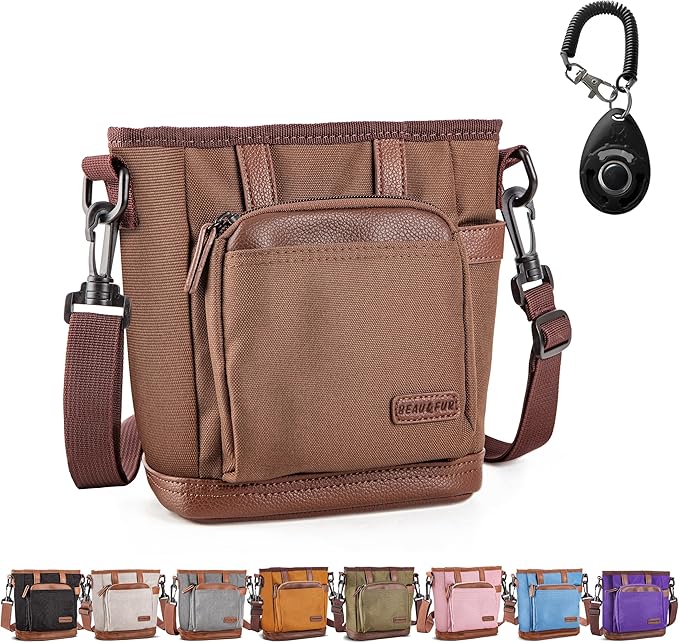 BEAU&FUR Large Dog Treat Pouch with Clicker for Training – 4 Cup Capacity, Built-in Poop Bag Dispenser, Expandable Pocket, Metal Buckle, Large Back Pocket, Ideal for Walks and Training – Dark Brown
