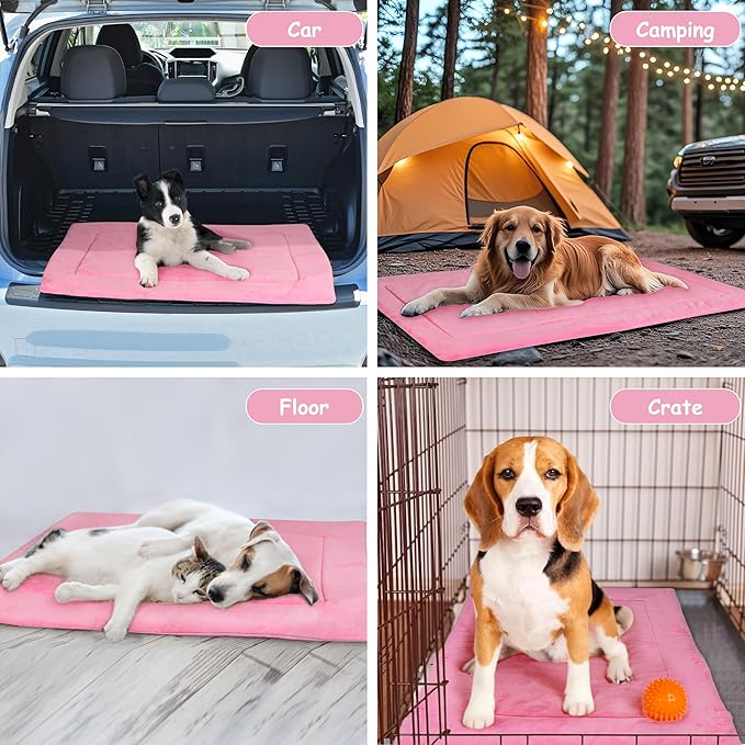Kritter Planet Waterproof Foldable Dog Bed Pad for Camping & Travel, Portable Roll-Up Dog Bed Car Seat Pet Cushion Mat with Handles for Small & Medium Dogs, Indoor & Outdoor Use, Pink