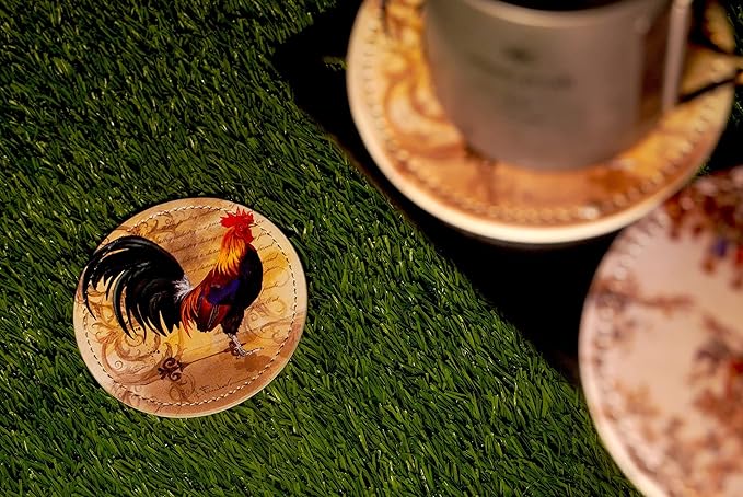 Vintage Rooster Coasters for Drinks with Holder Leather Coasters Set of 6 Table Decor Protect Furniture from Water Marks Scratch and Damage