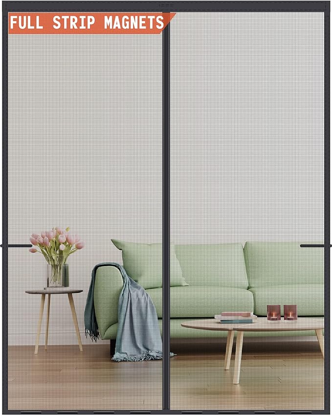 Magnetic Screen Door Upgraded-Model Full Strip Magnets 74x81 Inch,Fiberglass Heavy Duty Mesh Sliding Screen Door,Full Frame Seal Retractable French Door Screen Magnetic Closure for Patio Sliding Door