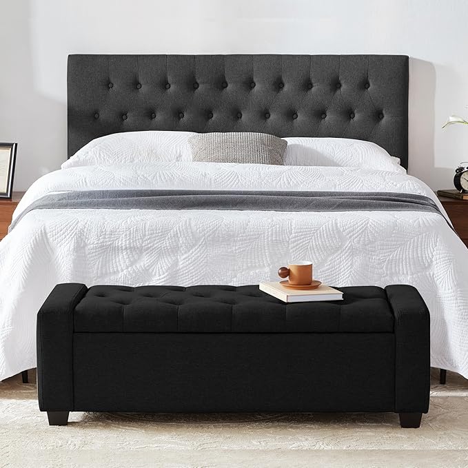 48" Ottoman with Storage, Black Storage Ottoman Bench with Safety Hinge, Upholstered Entryway Bench with Seating for Bedroom, Living Room, Holds up to 330 lb