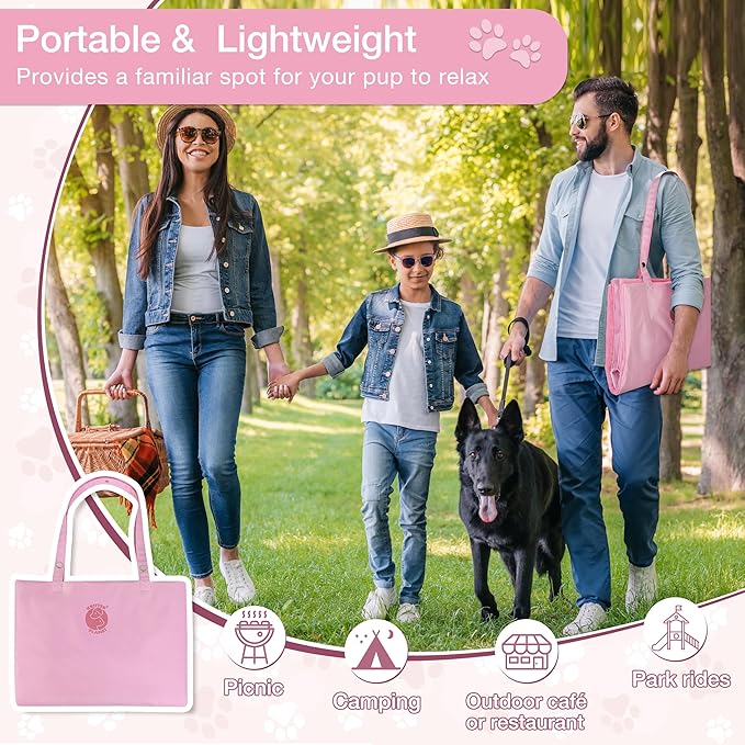 Kritter Planet Waterproof Foldable Dog Bed Pad for Camping & Travel, Portable Roll-Up Dog Bed Car Seat Pet Cushion Mat with Handles for Small & Medium Dogs, Indoor & Outdoor Use, Pink