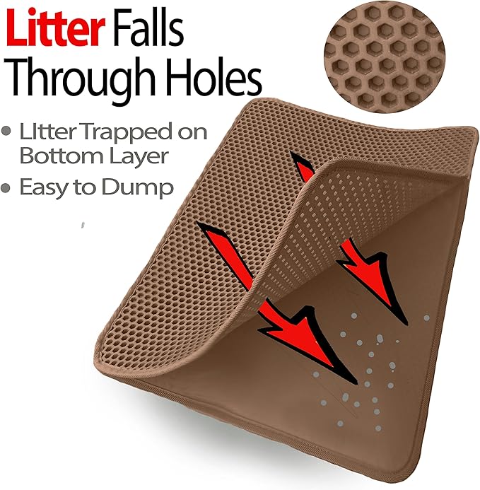 iPrimio Large Cat Litter Trapper Mat w/ Urine/Waterproof Layer - Larger Holes w/ Urine Puppy Pad Option - Cat Litter Mat, Light and Soft (Brown Color)
