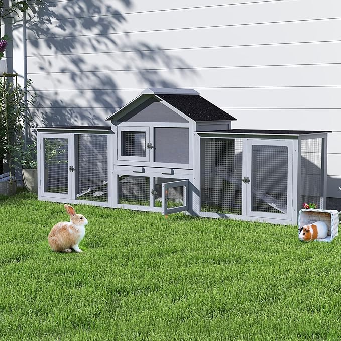82.5” Large Wooden Rabbit Hutch Outdoor Easy to Assemble Rabbit Cage and Durable Bunny Hutch Indoor with Cleaning Tray & Waterproof Roof for Small and Medium Bunny Rabbit Chick (Grey)
