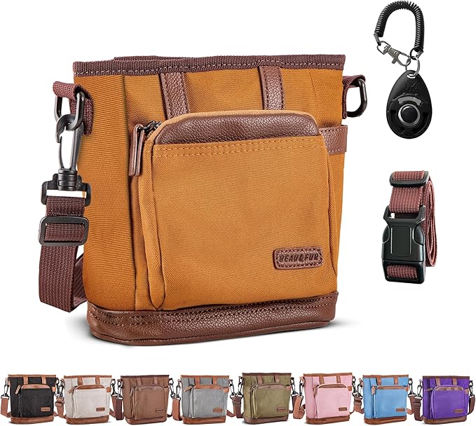 BEAU&FUR Large Dog Treat Pouch with Clicker for Training – 4 Cup Capacity, Built-in Poop Bag Dispenser, Expandable Pocket, Metal Buckle, Large Back Pocket, Ideal for Walks and Training – Light Brown