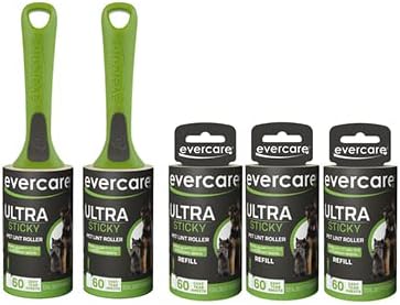 Evercare Ultra Sticky Pet Lint Roller Value Pack with 2 Lint Rollers and 3 Refill Rolls, 60 Sheets Each Multicolor