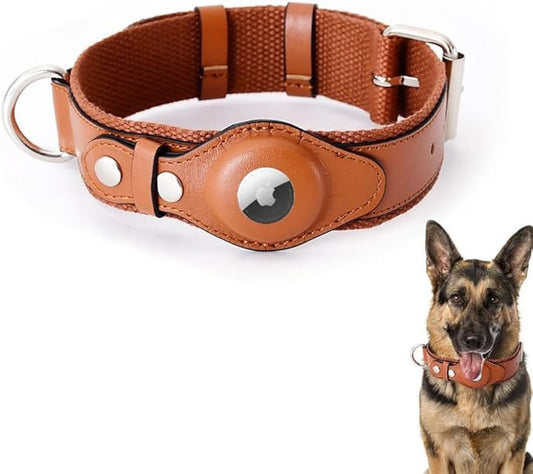 AirTag Dog Collar Soft Leather Webbing Dog Collar for AirTag Provides Double Protection for Small Medium and Large Dogs(Brown,M)