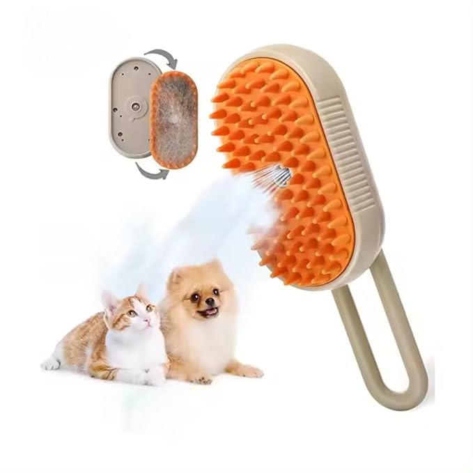 4-in-1 Cat Grooming Brush – Water Spray & Self-Cleaning Shedding Brush for Cats & Dogs – Pet Hair Removal & Massage Comb for Long & Short Hair (beige).