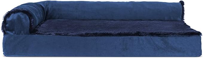 Furhaven Cooling Gel Dog Bed for Medium/Small Dogs w/ Removable Bolsters & Washable Cover, For Dogs Up to 35 lbs - Plush & Velvet L Shaped Chaise - Deep Sapphire, Medium