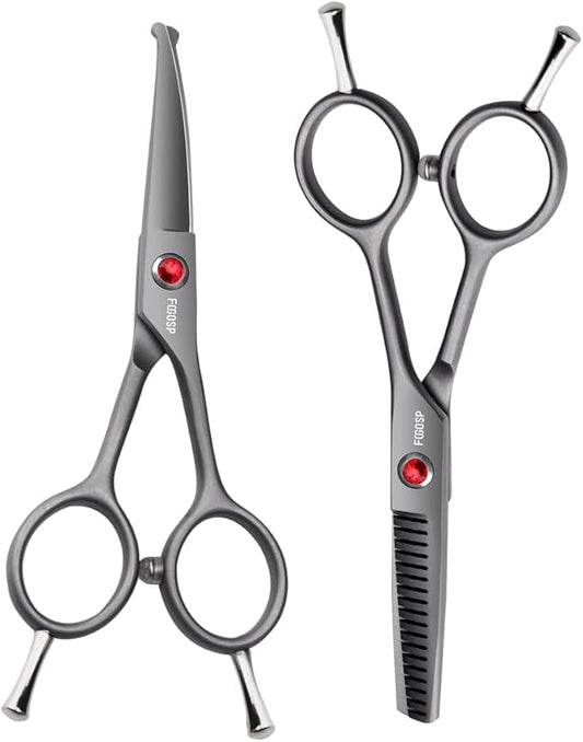 4.5" Dog Grooming Scissors - 2pcs Curved Scissors & Thinning Shears for Small Dog, Cat Face & Paws - Japan 440C (2Kit)