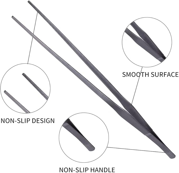 Extra Long Handle Aquarium Tweezers Serving Tongs Feed clamp,2 Pack Stainless Steel Straight and Curved Tweezers Set for Fish Tank Plants Reptile Feeding Tongs（15 Inchs）