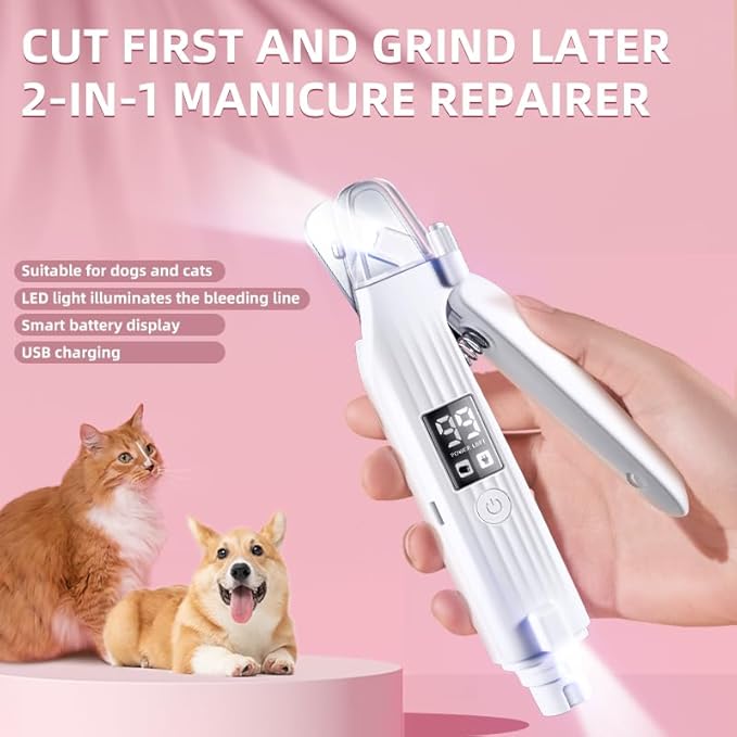 2-in-1 Dog Nail Trimmers & Dog Nail Grinder with 2 LED Lights, USB Rechargeable, Cat Nail Clipper with Splash Guard, and Multiple Grinding Methods for Small, Medium, and Large Dogs & Cats