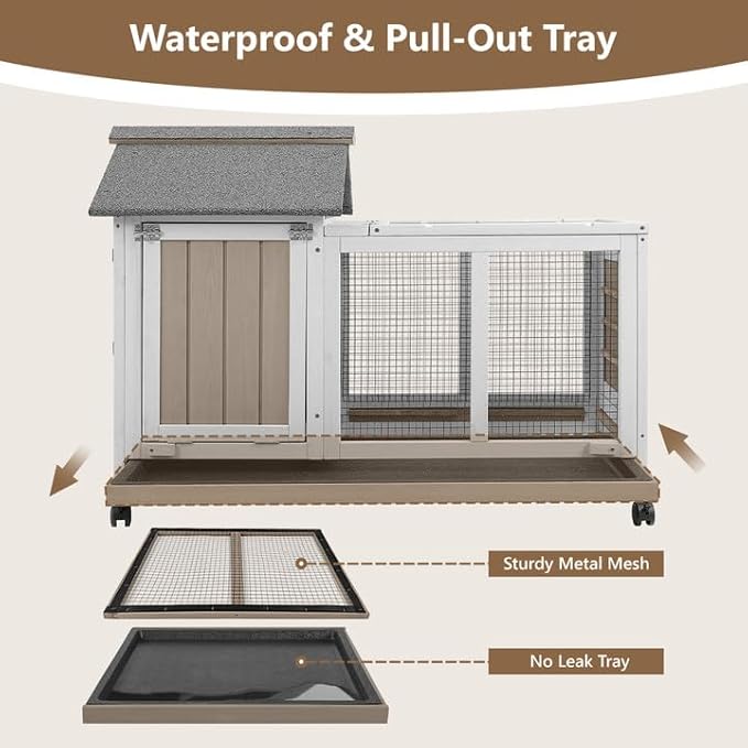 38''L Rabbit Hutch Outdoor Indoor with Wheels, Wooden Expandable 2 Story Bunny House Rabbit Cage with Run, Waterproof Roof, Pull Out Tray, Guinea Pig Cage Chicken Coop for Small to Medium Pets