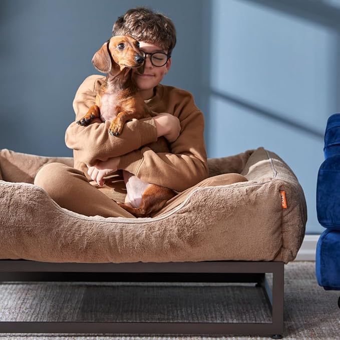 FUZI Luxury Aesthetic Dog Bed with Extra Cover for Medium Dogs, Washable Pet Couch, Pet Bed with Sides, Non-Slip Bottom, Soft & Durable Calming Bed, Faux Rabbit Fur, Medium 31.75x23.6x9.5 Light Brown