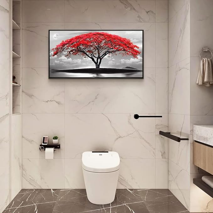 Framed Canvas Wall Art For Living Room Bathroom Wall Decor Black And White Landscape Red Tree Moon Scenery Hang Painting Home Decorations For Office Bedroom Kitchen Works Canvas Prints Pictures