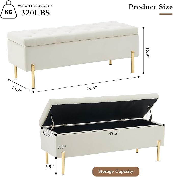 45.6 Inch Velvet Storage Bench Upholstered Tufted Settee Ottoman Bench with Storage, Bed End Bench with Soft Close Lid, for Bedroom, Living Room, Entryway, Rectangular Accent Bench, Beige