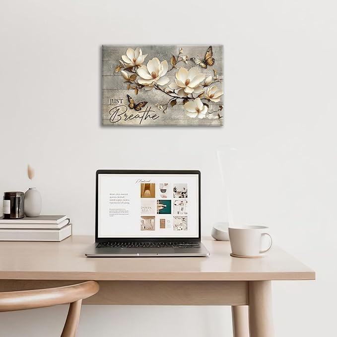 Floral Magnolia Bathroom Pictures Wall Art, Just Breathe Bathroom Wall Decor, Flower Butterfly Framed Painting Canvas Artwork for Bedroom Living Room Decorations 24"L x 16"W