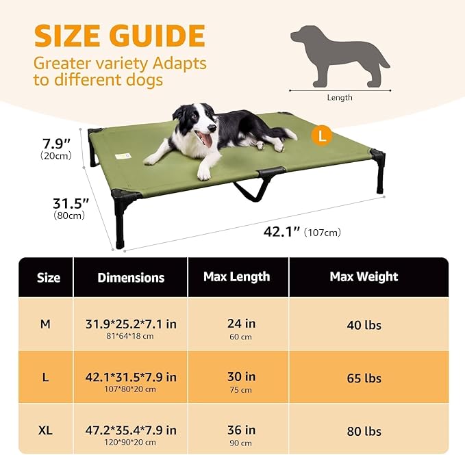 Sytopia Canvas Elevated Dog Bed, Durable Chew Proof Outdoor Raised Pet Cot for Large Dogs 42 inch, Waterproof, Breathable, Portable, Washable, Easy Assembly, Sturdy Frame for Camping & Travel, Green