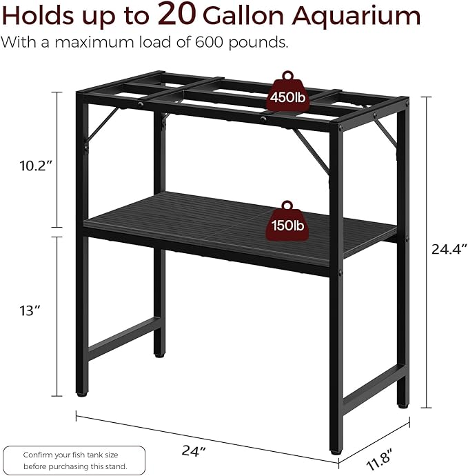20 Gallon Fish Tank Stand, Aquarium Stand with 2-Tier Storage Shelves, Heavy Duty Breeder Turtle Terrarium Stand Rack for Home Office, 24.0" L x 11.8" W x 24.4" H, Black FTBK2001