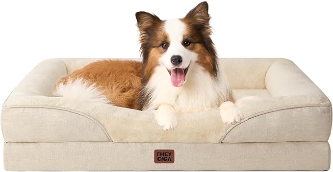 EHEYCIGA Memory Foam Dog Bed for Large Sized, Orthopedic Dog Sofa with Sides and Waterproof Liner, Washable Bolster Pet Couch with Removable Cover, 41x27x7.5 Inch, Beige