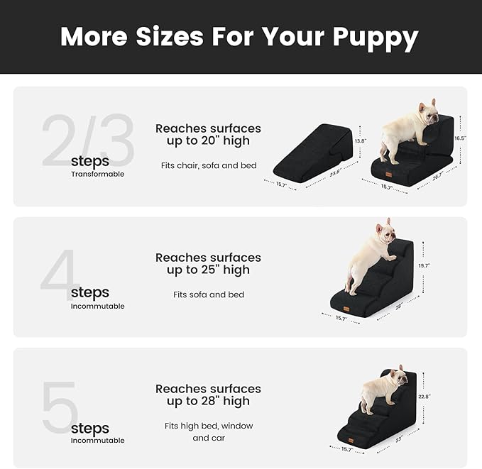 Gardner Pet Dog Stairs for Small Dogs 16.5" H, 2 in 1 Transformable 3-Step Pet Stairs and Dog Ramp for Couch (13-20 in), Black Adjustable Pet Steps with Non-Slip Waterproof Cover and CertiPUR-US Foam