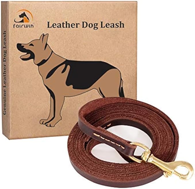 FAIRWIN Genuine 5Ft Leather Dog Leash Leads Rope for Large/Medium/Small Dogs Training/Walking (S - 5 ft x 3/8 inch, Reddish Brown)