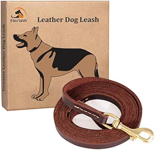 FAIRWIN Genuine 5Ft Leather Dog Leash Leads Rope for Large/Medium/Small Dogs Training/Walking (S - 5 ft x 3/8 inch, Reddish Brown)