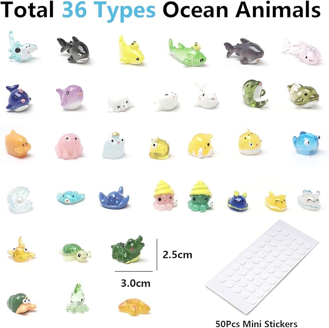 36 Types Ocean Mini Resin Animals, Plastic Tiny Animals for Hidding, Miniature Animals Figures for Seaside Crafts, Dollhouse, Terrariums, Shadowboxes, Birthday Cake Decor