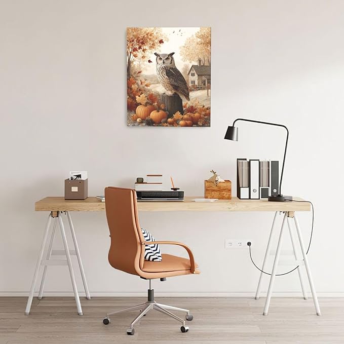 Fall Owl Wall Art Autumn Pumpkin Leaves Wall Decor Rustic Canvas Print Farmhouse Pictures Painting Print Framed Artwork Decorations Gifts for Living Room Bathroom Bedroom Office 20"x24"