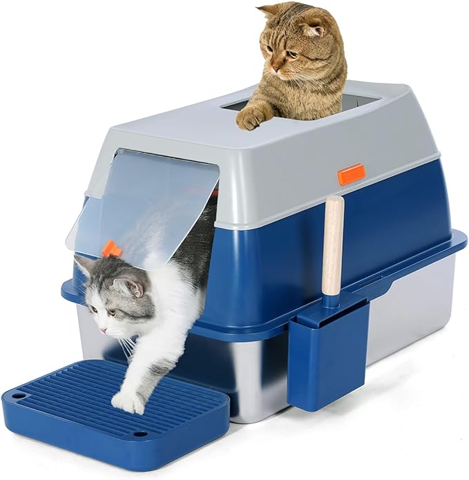 Enclosed Stainless Steel Litter Cat Box with Lid for Big Cats, Top Entry Covered Jumbo Metal Tray, Extra Large, High Sides, Durable, Anti Leakage, Odorless, Non-Sticky, FOXORU