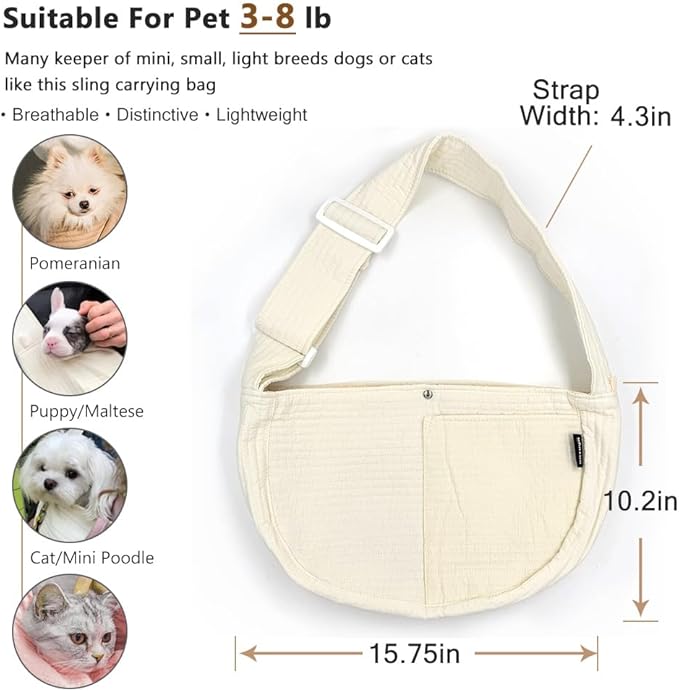 NATUYA Small Dog Carrier Sling Cat Sling-Dog Slings for Carrying Small Dogs-Adjustable Strap Hand Free Pet Puppy for Outdoor Traveling Subway (White, Canvas-Adjustable Strap)