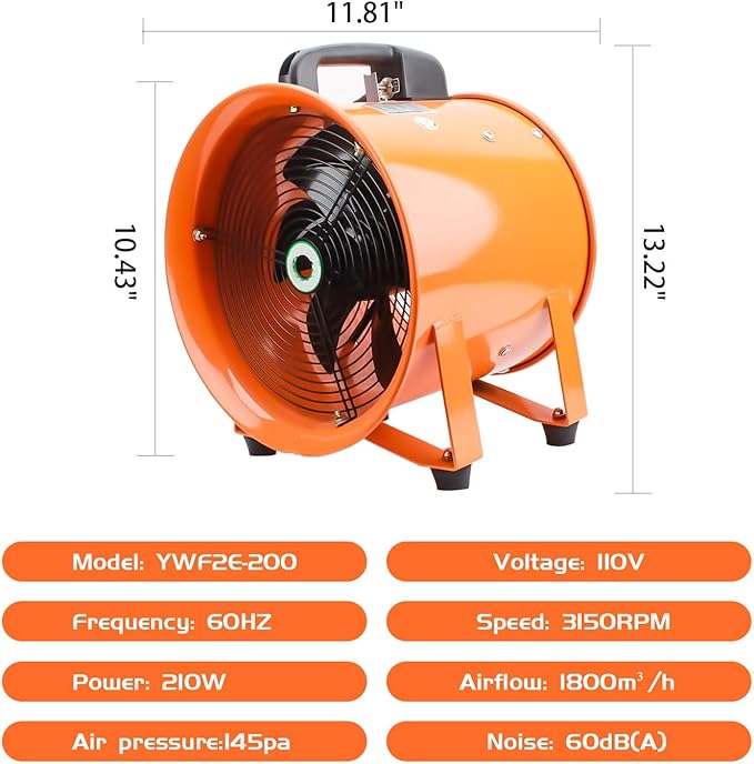 8-Inch High-Velocity Portable Utility Blower Fan, Industrial Exhaust Fan with 33ft Flexible Duct Hose, 3150 RPM Low-Noise Ventilator for Basements, Workshops, Warehouses, and Confined Spaces