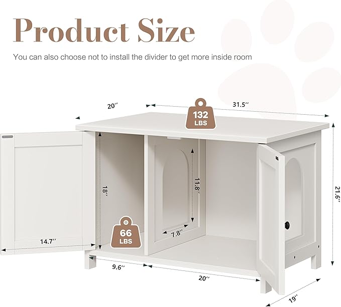 JY QAQA Cat Litter Box Enclosure,Litter Box Furniture Hidden with Barn Door,Wooden Cat Washroom Furniture,Cat House,Fit Most of Litter Box,White