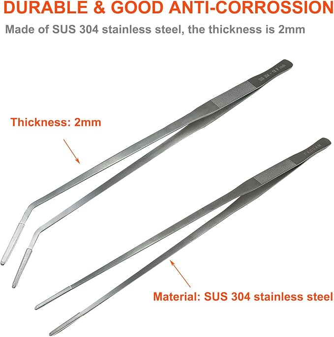 Extra Long Tweezers with Rubber Cover Tips, Fecsam Feeding Tongs - 2 Pack/18.9 inch Aquarium Stainless Steel Large Aquascape Tools for Fish Tank, Terrarium，Aquascaping, Reptile, Bearded Dragon